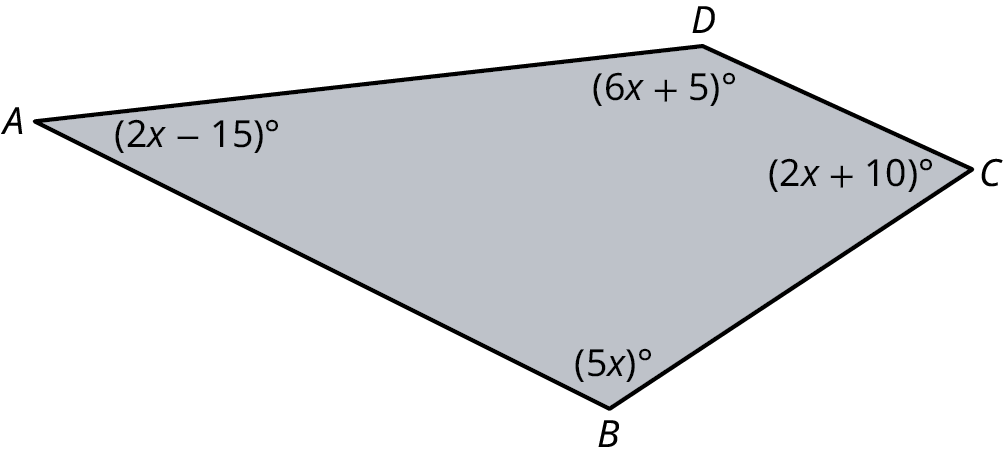 A quadrilateral, A B C D. The angles, A, B, C, and D measure (2 x minus 15) degrees, (5 x) degrees, (2 x plus 10) degrees, and (6 x plus 5) degrees.