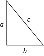 A right triangle. The legs are labeled a and b. The hypotenuse is labeled c