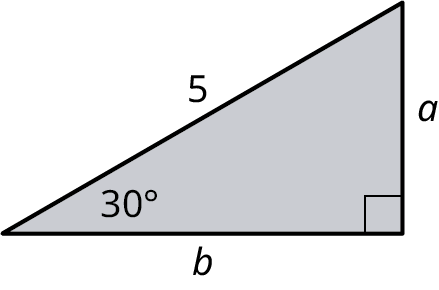A right triangle. The legs are labeled a and b. The hypotenuse is labeled 5. The angles at the bottom-left and bottom-right are labeled 30 degrees and 90 degrees.