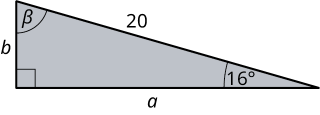 A right triangle. The legs are labeled b and a. The hypotenuse is labeled 20. The angles at the top, bottom-left, and bottom-right are labeled beta, 90 degrees, and 16 degrees.