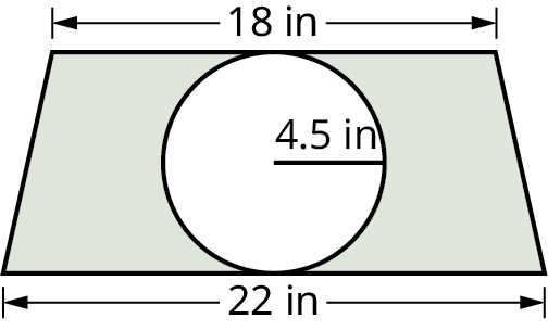 A circle is drawn with a trapezoid. The top and bottom bases of the trapezoid measure 18 inches and 22 inches. The radius of the circle is marked 4.5 inches. The circle touches the top and bottom bases of the trapezoid. The region outside the circle is shaded.