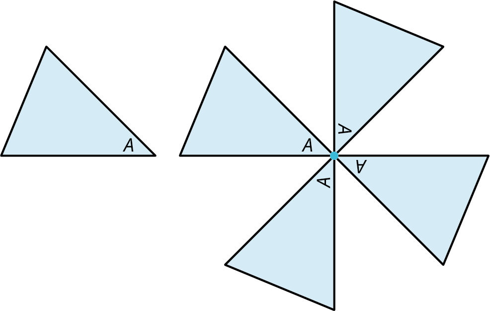 A triangle with one of its vertices labeled A. A pattern is made of connecting one of the vertices of four triangles. In each triangle, the connected vertices are labeled A.
