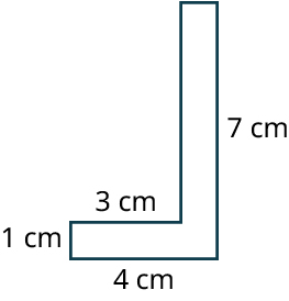 An L-shaped figure. The sides measure 7 centimeters, 4 centimeters, 1 centimeter, 3 centimeters, 6 centimeters, and 1 centimeter.
