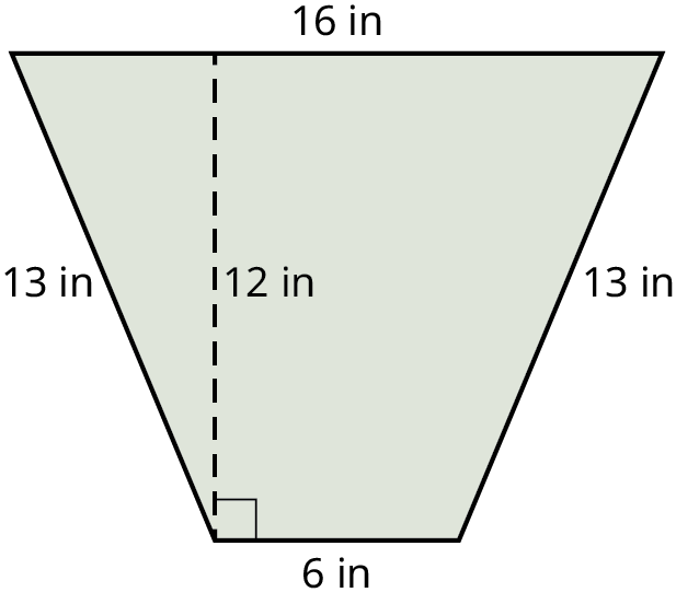 A trapezoid with its top and bottom sides marked 16 inches and 6 inches. The left and right sides are marked 13 inches. The height is marked 12 inches.