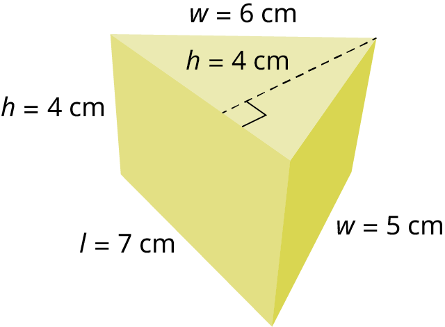 A triangular prism. The sides of the triangle are labeled l equals 7 centimeters, w equals 6 centimeters, and w equals 5 centimeters. The height of the triangle is labeled h equals 4 centimeters. The height of the prism is labeled h equals 4 centimeters.