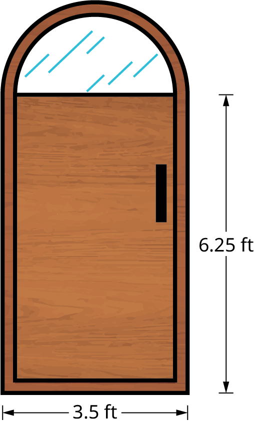 A door resembles a semicircle placed on top of a rectangle. The length and width of the rectangle are 6.25 feet and 3.5 feet. The diameter of the semicircle is 3.5 feet.