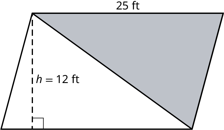 A parallelogram with a diagonal running from the top-left vertex to the bottom-right vertex. The region above the diagonal is shaded. The length and height of the parallelogram measure 25 feet and h equals 12 feet.