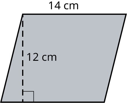 A parallelogram with its base marked 14 centimeters and height marked 12 centimeters.