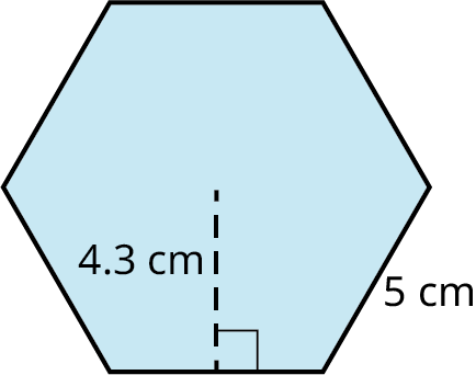 A hexagon. Each side measures 5 centimeters. The apothem is marked 4.3 centimeters.