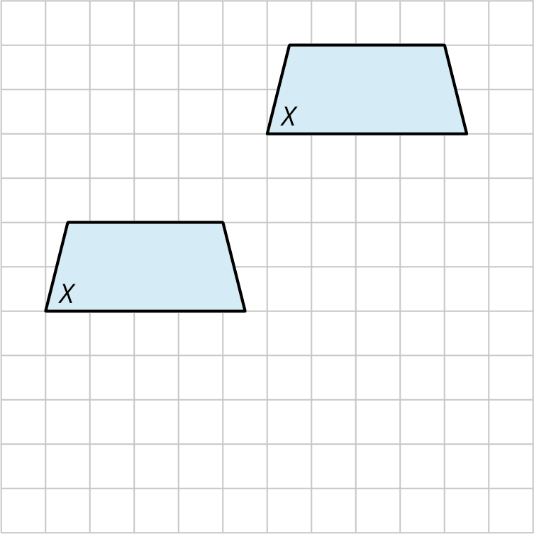 Two trapezoids are plotted on a rectangular grid. Each trapezoid can be described as follows. The top side measures 3.5. From its right, it goes 2 units bottom-right, then goes 4.5 units left, and then goes 2 units top-left. The first trapezoid is on the left-center of the grid. The second trapezoid is at the top-right of the grid. The first trapezoid is translated 5 units to the right and 5 units vertically.