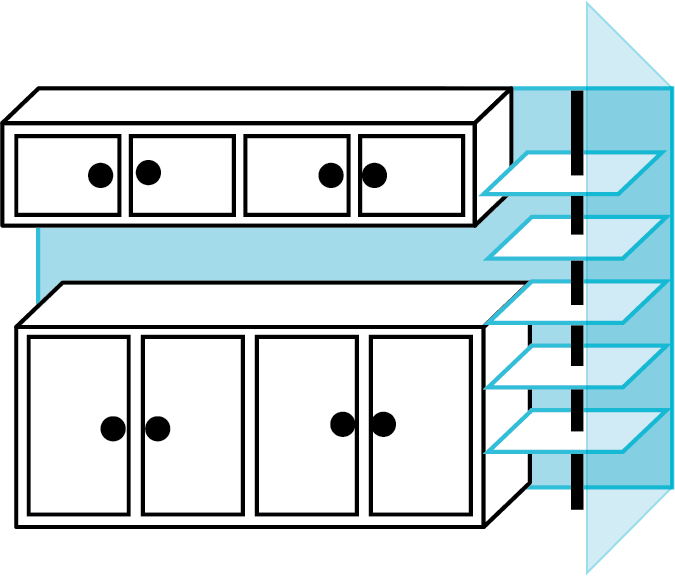An illustration shows a transparent glass wall, five shelves, and cabinets.