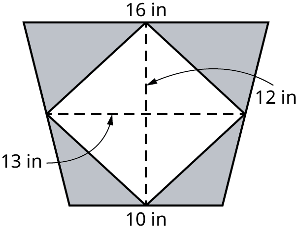 A rhombus is inscribed in a trapezoid. The top and bottom bases of the trapezoid measure 16 inches and 10 inches. The diagonals of the rhombus measure 13 inches and 12 inches.