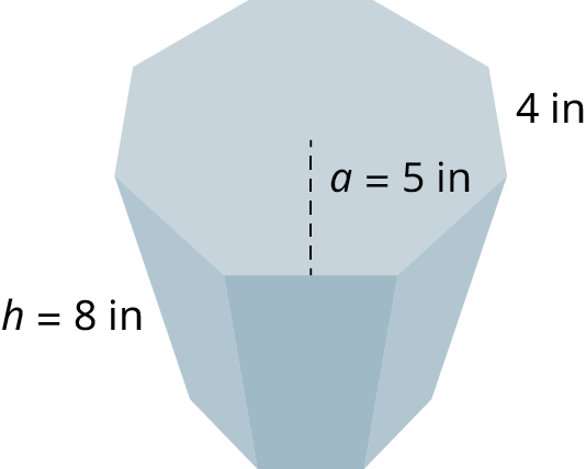 An octagonal prism. Each side of the octagon measures 4 inches. The height of the prism measures h equals 8 inches. The apothem is marked a equals 5 inches.