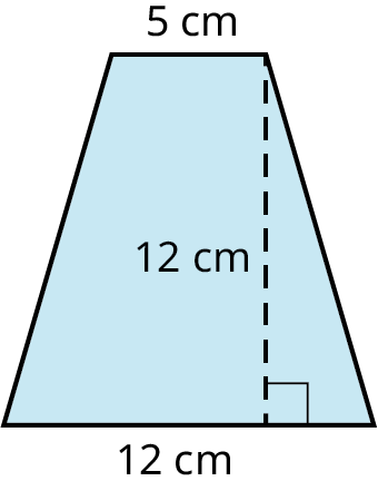 A trapezoid with its top and bottom bases marked 5 centimeters and 12 centimeters. The height is marked 12 centimeters.