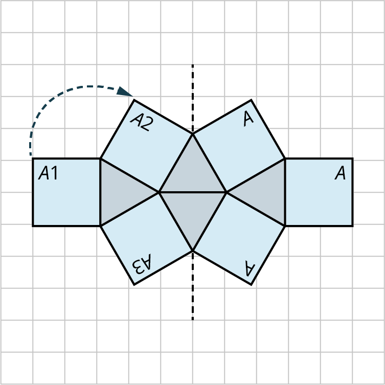 A tessellation pattern is made up of six squares and four equilateral triangles. The sides of each square measure 2 units. The sides of each equilateral triangle measure 2 units. The square A 1 is rotated 30 degrees to the right to form a new square A 2. The new square is reflected horizontally to form a new square A 3. These 3 squares are reflected vertically along a dashed line. The spaces in between the squares resemble triangles.