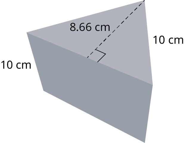 An equilateral triangular prism. The sides of the triangle measure 10 centimeters. The height of the triangle measures 8.66 centimeters. The length of the prism measures 10 centimeters.