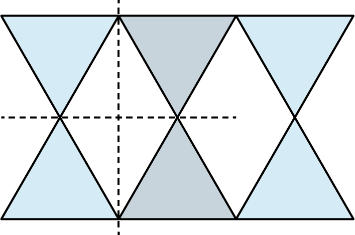 A figure made up of six triangles. The first two and last two triangles are red. The remaining two triangles are lavender. The triangles are arranged in two rows. The triangles in the top row are inverted.