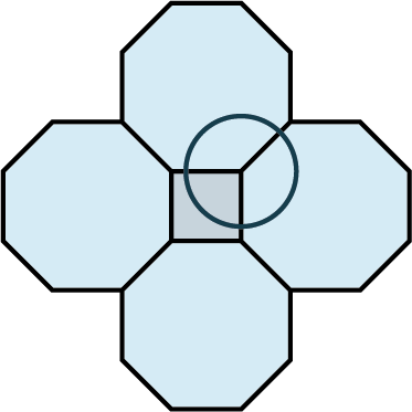 A tessellation pattern is made up of four octagons. The octagons are joined such that it forms a square at the center. A circle is drawn partially overlapping two octagons and the square.