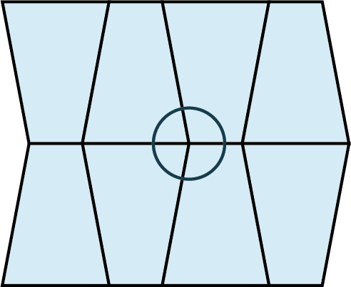 A tessellation pattern is made up of two rows of four trapezoids, each. A circle is drawn at the center of the inner four trapezoids.