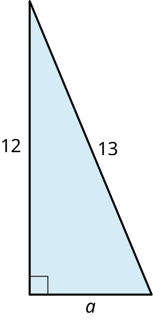 A right triangle with its legs marked 12 and a. The hypotenuse is marked 13.