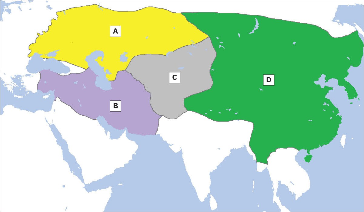 A map is shown. Blue areas are shown along the south of the map, the east, and in bits on the west. A large area in the northwest is highlighted yellow and labelled “a.” South of that is an area highlighted purple labelled “B.” To the northeast, an area is highlighted gray and labelled “C.” In the east, a very large area is highlighted green and labelled “D.”