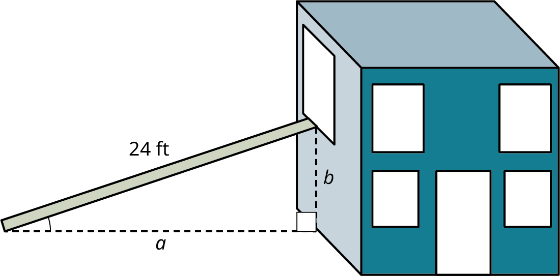 An illustration shows a 34-foot ladder placed against a building at an angle of 30 degrees. The vertical distance from the ladder to the ground is marked b. The horizontal distance from the base of the building to the base of the ladder is a.