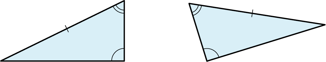 Two triangles. The left side of the first triangle and the top side of the second triangle are congruent. The top-right angle of the first triangle and the top-left of the second triangle are congruent. The bottom-right angle of the first triangle and the bottom-left angle of the second triangle are congruent.
