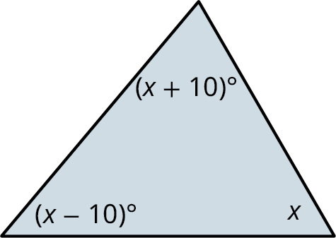 A triangle with its interior angles marked (x plus 10) degrees, (x minus 10) degrees, and x.