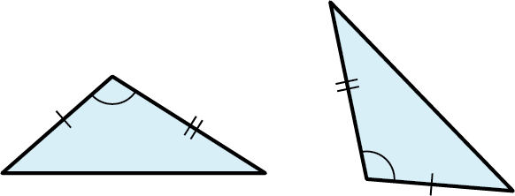 Two triangles. The left side of the first triangle and the bottom side of the second triangle are congruent. The left side of the second triangle and the right side of the first triangle are congruent. The top angle of the first triangle and the bottom-left angle of the second triangle are congruent.