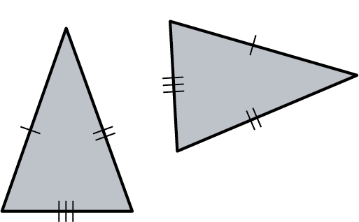 Two triangles. The left side of the first triangle and the top side of the second triangle are congruent. The right side of the first triangle and the bottom side of the second triangle are congruent. The bottom side of the first triangle and the left side of the second triangle are congruent.