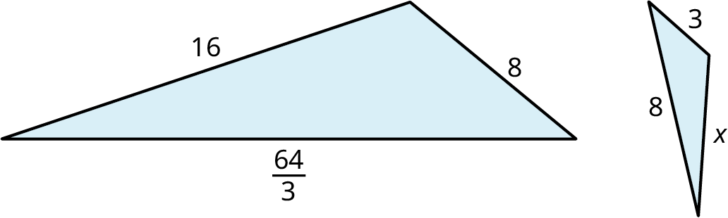 Two triangles. The sides of the first triangle are marked 16, 8, and 64 over 3. The sides of the second triangle are marked 3, 8, and x.
