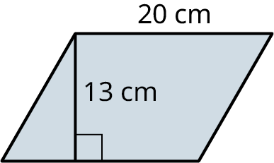 A parallelogram with its length marked 20 centimeters and height marked 13 centimeters.