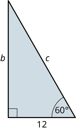 A right triangle. The legs are marked 6 and 12. The hypotenuse is marked c. The angle formed by the horizontal leg and hypotenuse is marked 60 degrees.