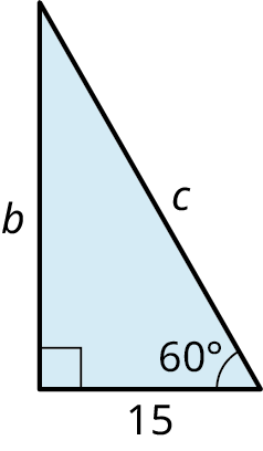 A right triangle with its legs marked b and 15. The hypotenuse is marked c. The angles at the bottom-left and bottom-right are labeled 90 degrees and 60 degrees.