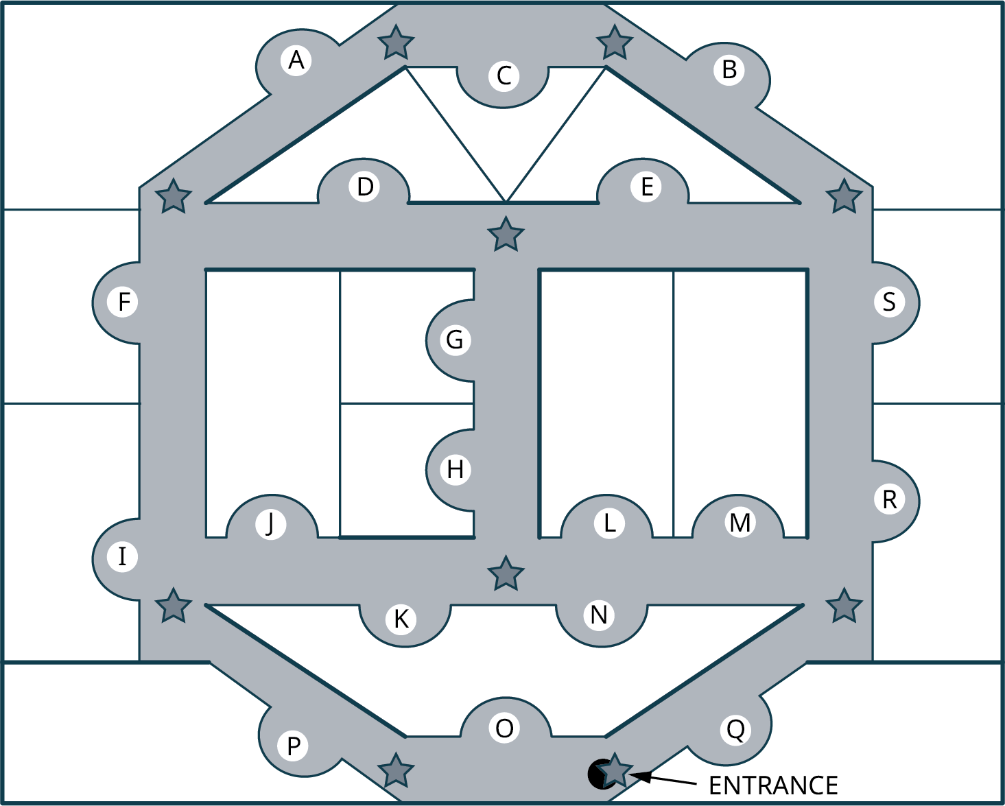 A map of aquarium exhibits. The vertices are labeled A to S. The entrance is at the bottom.