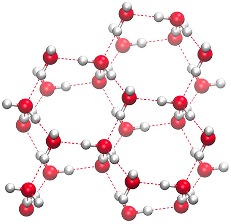 The molecular structure made up of red and white atoms shows the molecules are arranged in a hexagon, and are bonded to other hexagonal arrangements with a good deal of space between them. Each red atom has two white atoms bonded to it.
