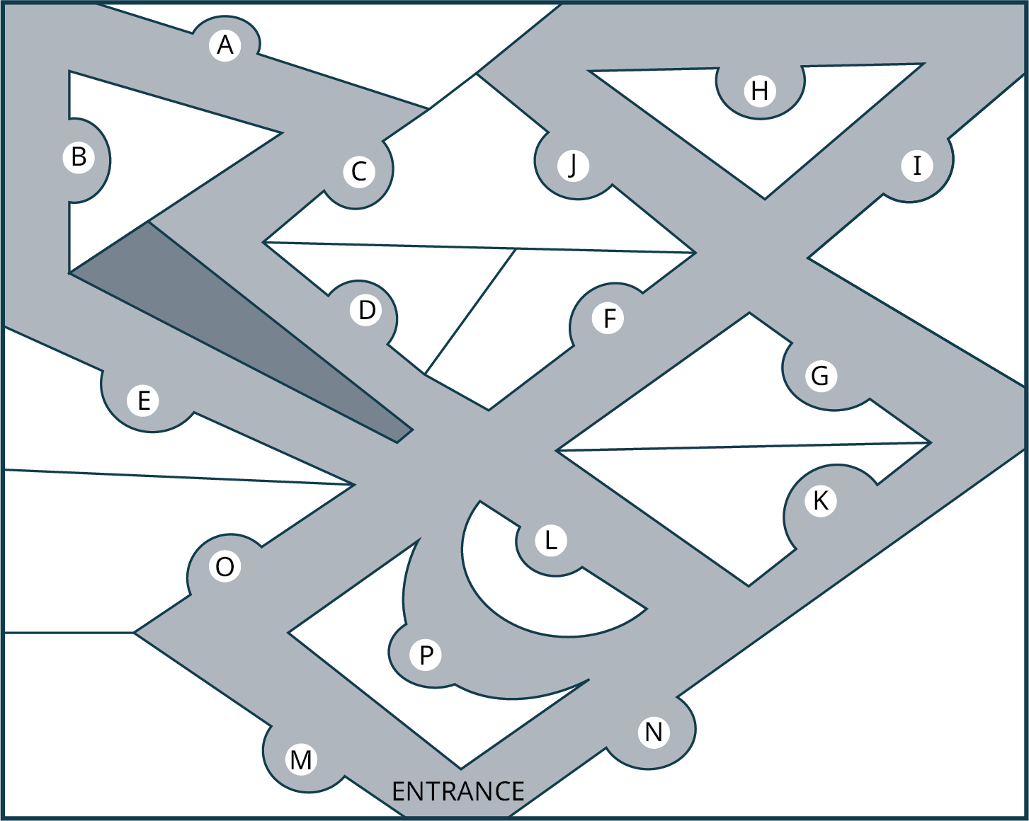 A map of zoo exhibits. The vertices are labeled A to P. The entrance is at the bottom.
