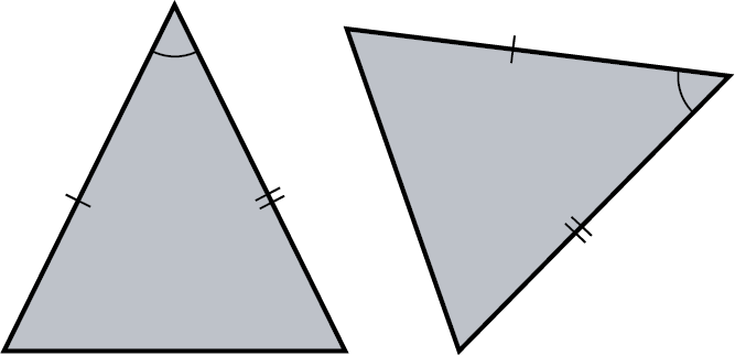 Two triangles. The top angle of the first triangle and the top-right angle of the second triangle are congruent. The left side of the first triangle and the top side of the second triangle are congruent. The right sides of both triangles are congruent.