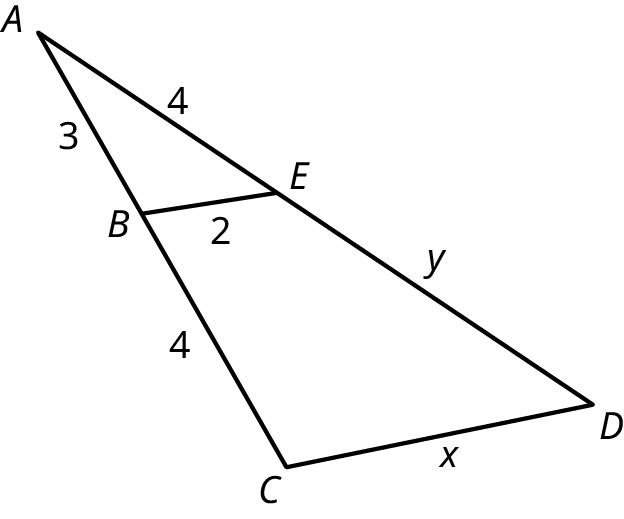 A triangle, A C D with a horizontal line, B E at its center. A B measures 3. A E measures 4. B C measures 4. E D measures y. C D measures x. B E measures 2.