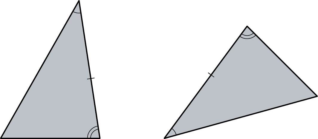 Two triangles. The top angle of the first triangle and the bottom-left angle of the second triangle are congruent. The bottom-right angle of the first triangle is congruent to the top angle of the second triangle. The right side of the first triangle is congruent with the left side of the second triangle.